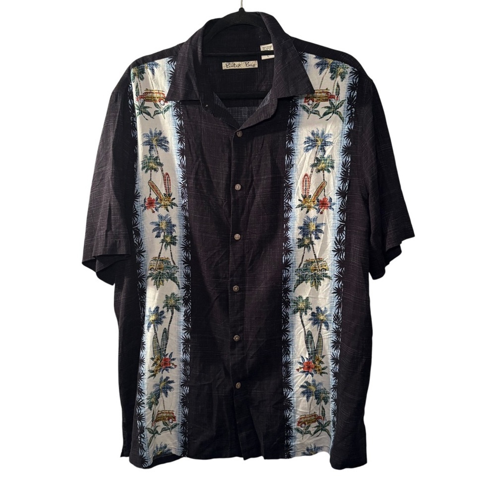 Batik Bay Men’s Black Button Down‎ Shirt Large Tropical Resort Style